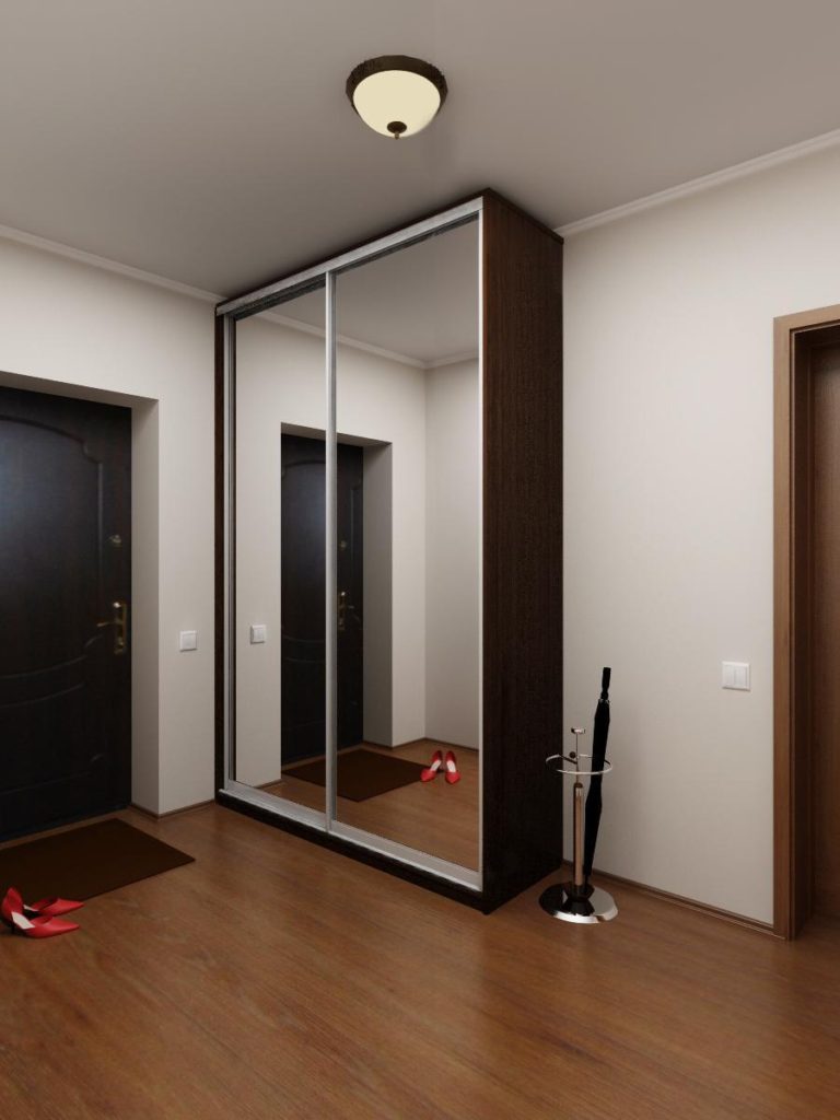 Темный узкий шкаф-купе в коридор с зеркалами.